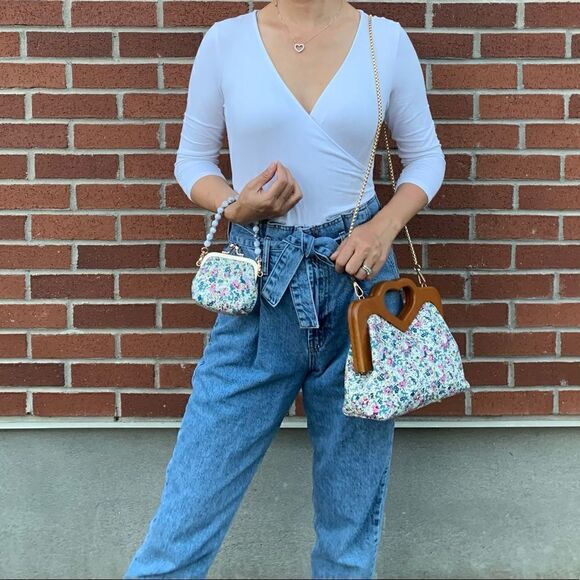 Handmade Large Genuine Printed Floral Leather Wooden Frame Bag with Small Purse - Picture 9 of 16